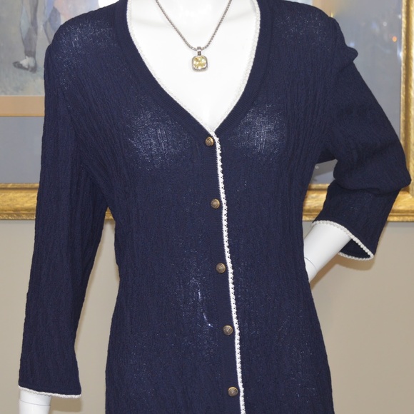 St. John Collection Navy Lacey Knit Enameled Buttons Cardigan - Picture 12 of 12